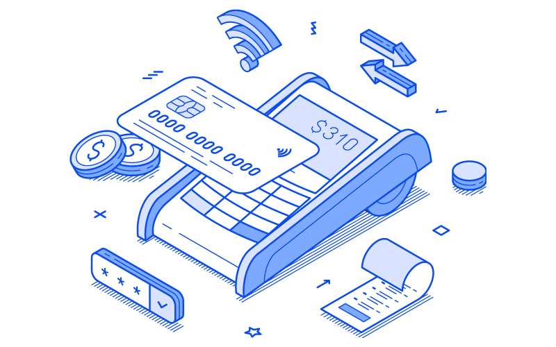 Isometric illustration of a retail POS terminal processing a contactless card payment
